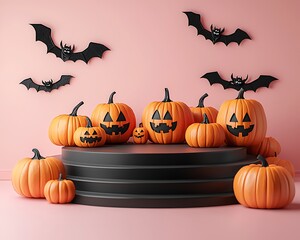 Pumpkins on Platform for a Halloween Display