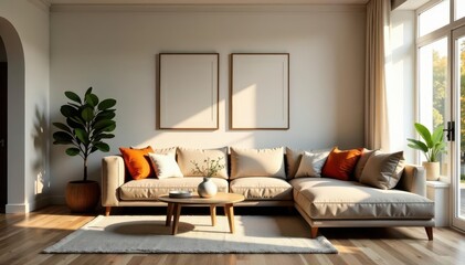 Bright Scandi living room, subtle Halloween touches, natural textures, simple style, subtle, soft furnishings, natural