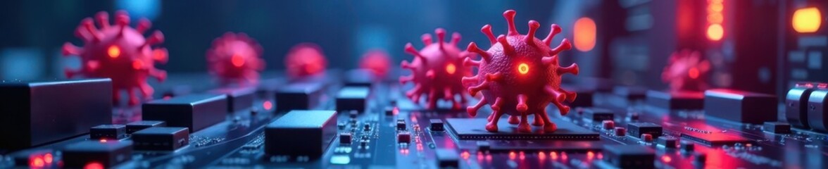 Cartoon viruses playing games on a motherboard's components , network, bit