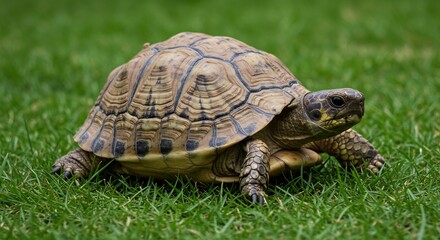 Fototapeta premium Slow Tortoise Crawls Lush Green Grass Sunlight. AI Generated