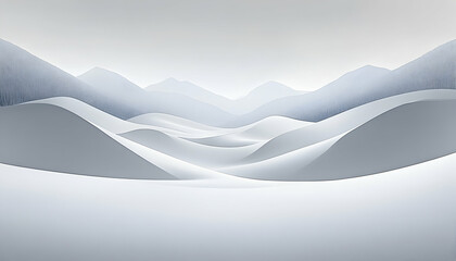 Serene minimalist winter landscape; snow-covered dunes and distant mountains under a pale sky, evoking calm and tranquility.