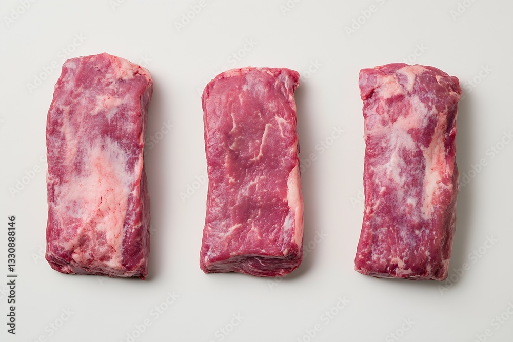 Poster three thick slices of raw beef steak arranged side by side on a clean white surface for culinary ins