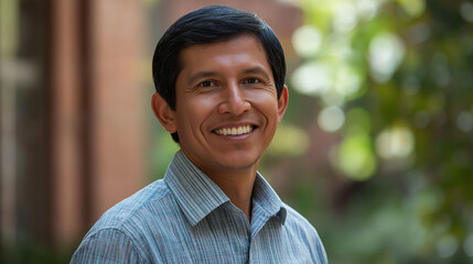 A smiling, friendly Latino man stands in front of a tree.