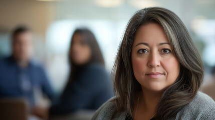 Obraz premium A Latina businesswoman in her 40s, with blurred coworkers in the background