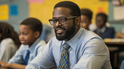 Obraz premium An African American teacher sitting in a classroom with his students