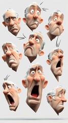 Nine 3D Rendered Senior Male Faces Showing Varied Emotions