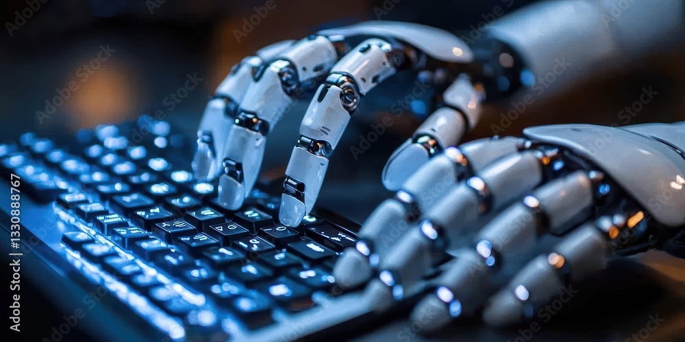 Poster robotic hands typing on keyboard technology lab digital content futuristic environment close-up view