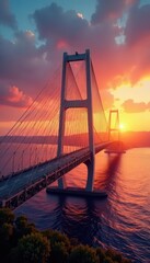 Obraz premium Curved suspension bridge with dynamic lines against sunset, landscape, silhouette, construction