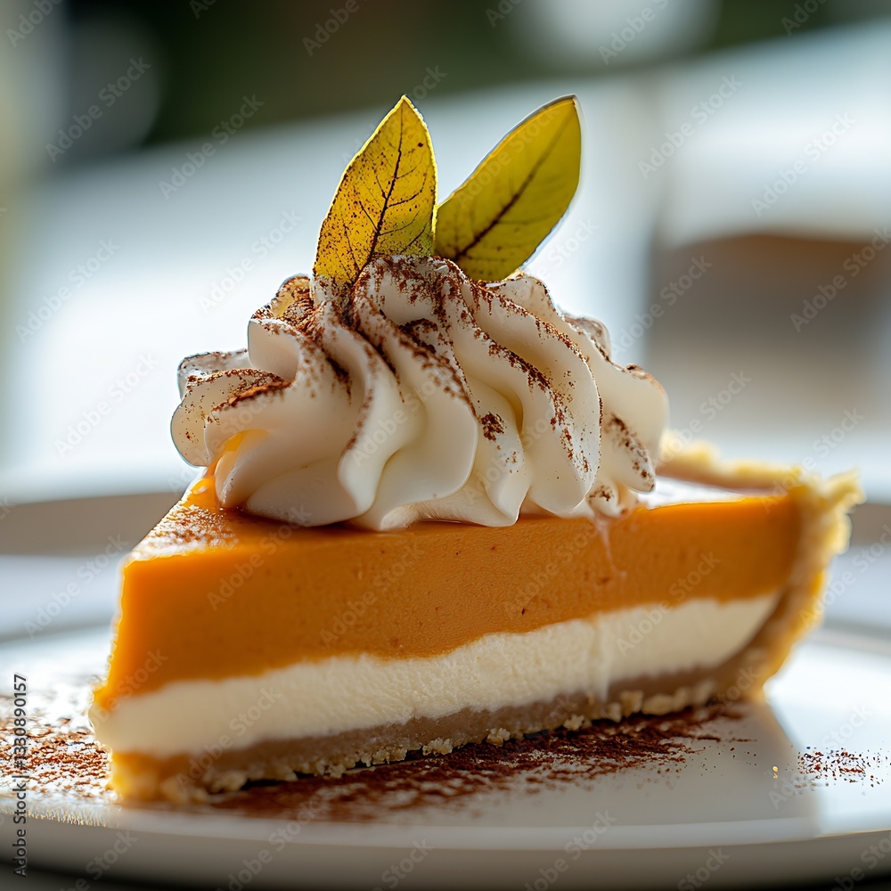 Poster rich and creamy pumpkin pie slice with layers and decorative leaves for a delightful fall dish : gen