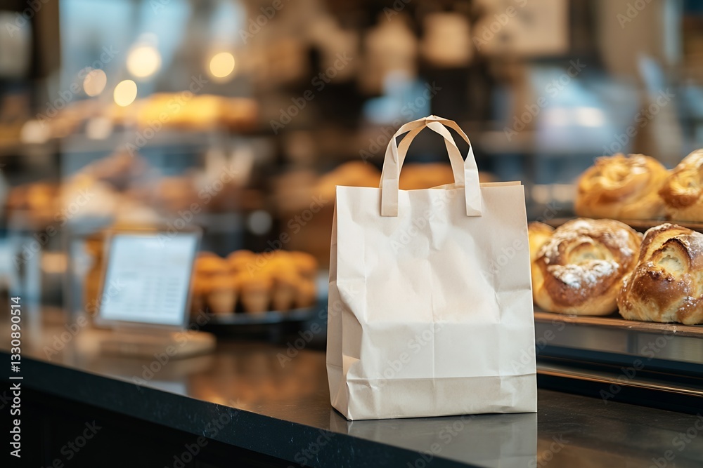 Poster Brown paper bag displayed prominently on a counter in a bakery filled with an array of mouth-watering pastries inviting customers in : Generative AI
