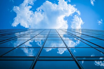 The glass curtain wall of this tall building is particularly spectacular, reflecting the blue sky and white clouds

