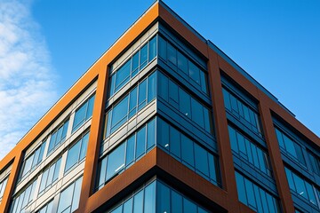 Obraz premium The exterior walls of the modern building are made of glass and dark metal, which stand out in the sunlight.