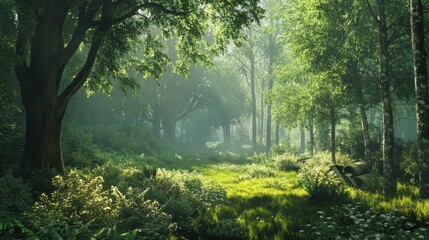 Obraz premium Lush Green Forest with Sunlight Filtering Through Dense Tree Canopy in Tranquil Natural Setting