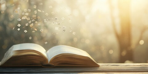 Fototapeta premium Magical book transformation enchanted forest digital art natural light close-up reading and imagination