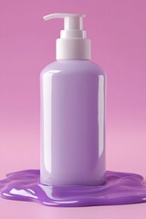 Stylish purple cosmetic bottle with vivid design and smooth liquid pooled beneath, perfect for upscale beauty presentation : Generative AI