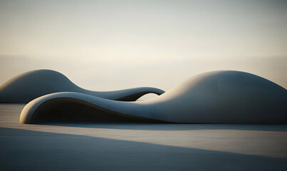 Abstract sculptural forms resembling sand dunes bathed in soft, early morning light.  Minimalist design; serene, peaceful atmosphere.