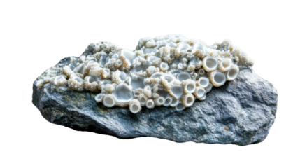 Colony of tube worms growing on rock with transparent background