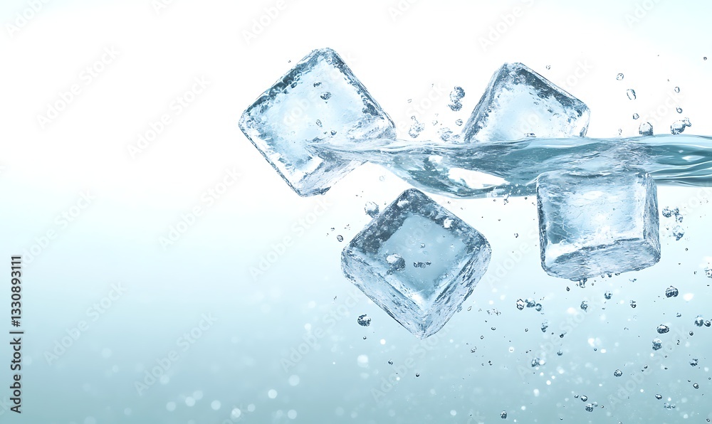 Poster Ice cubes splashing into clear water, creating dynamic movement and droplets.