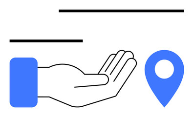 Open palm extended upward near blue location pin, conveying support, location services, guidance, communication, logistics, accessibility, and navigation. Ideal for flat simple metaphor