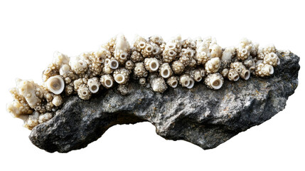 Colony of balanus perforatus, acorn barnacles growing on rock with transparent background