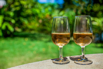 Two glasses of whisky or rum resting on a stone ledge in a lush garden setting
