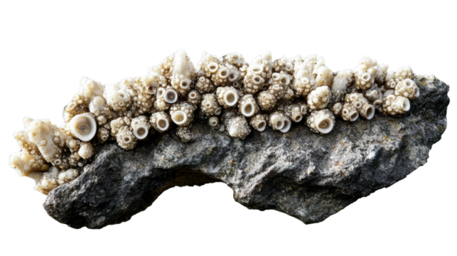 Colony of balanus perforatus, acorn barnacles growing on rock with transparent background