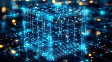 Illuminated transparent cube with multiple glowing lines and energy points in a digital realm : Generative AI