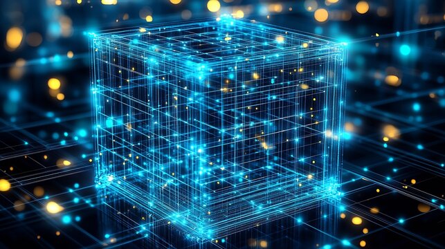 Illuminated transparent cube with multiple glowing lines and energy points in a digital realm : Generative AI