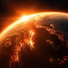 Cosmic event earth in flames outer space digital art sci-fi environment aerial view planetary catastrophe