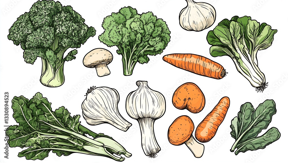 Poster diverse array of illustrated fresh vegetables including broccoli, garlic, and carrots in bright colo
