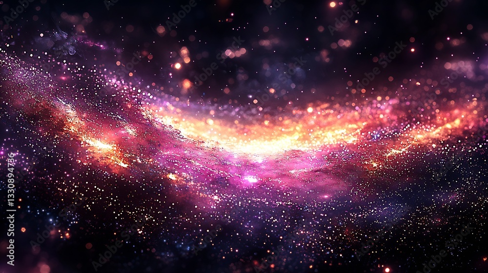 Poster mesmerizing cosmic scene capturing a vibrant galaxy with sparkling stars and swirling pink and purpl