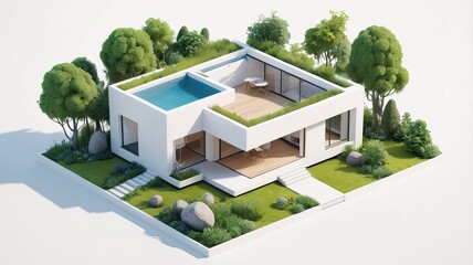 A small modern minimalist house isometric perspective, 3D model miniature
