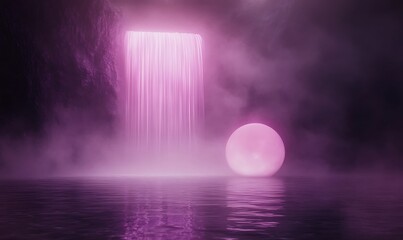 Surreal scene of a pink waterfall cascading into a calm, misty lake with a glowing orb nearby.