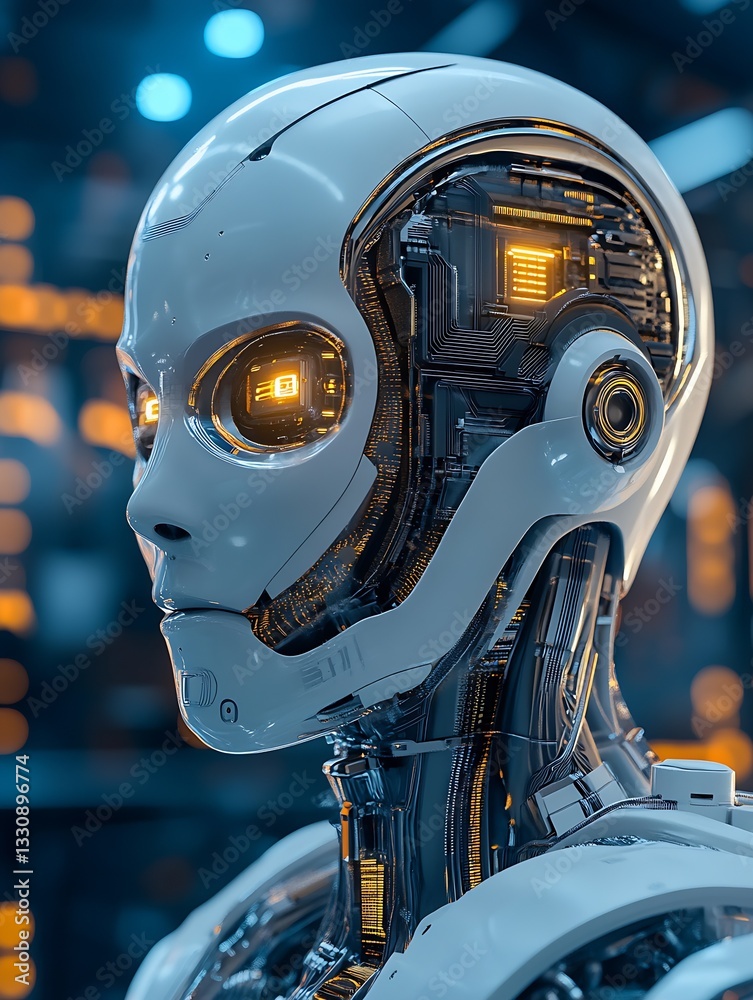 Poster Profile view of a humanoid robot with detailed circuitry and glowing features in a futuristic setting : Generative AI