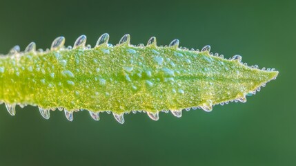 Naklejka premium Close-up of dew-covered green leaf with spiky edges in nature