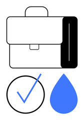 Black and white briefcase, blue checkmark in circle, and water drop symbol. Ideal for professionalism, organization, sustainability, success, approval work ethics minimalism. Flat simple metaphor