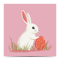 Cute Easter greeting card, cover, poster, label, flyer, banner with a adorable white bunny and red dotted egg on vibrant pink background, vector illustration