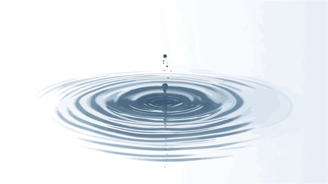 Close-up image of a single water droplet impacting a smooth water surface, creating concentric ripples. The color palette is predominantly cool-toned blues and grays against a white background. The