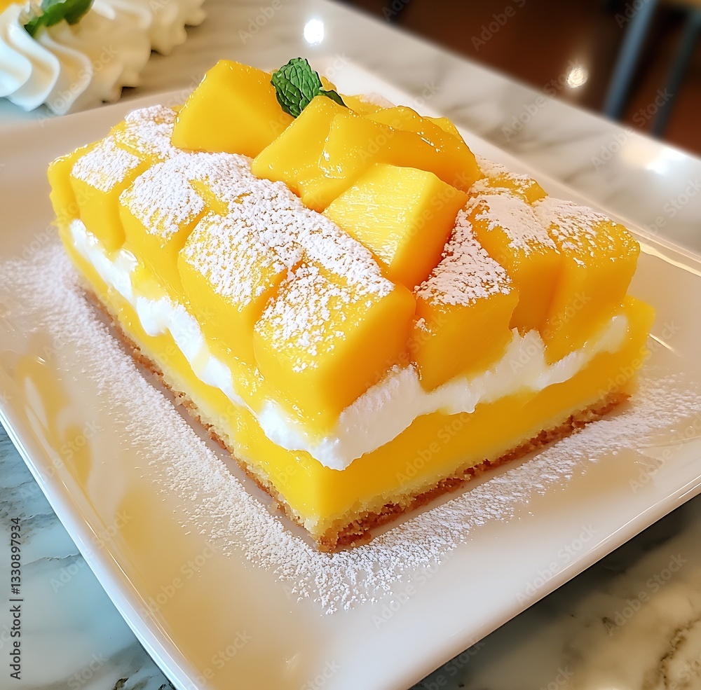 Poster delicious mango mousse cake topped with fresh mango pieces and powdered sugar for a delightful desse