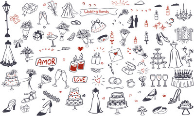 Elegant wedding themed illustrations featuring dresses, rings, and decorations evoke romance and celebration