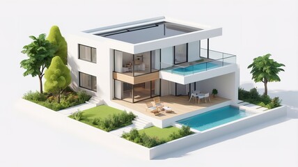 A small modern minimalist house isometric perspective, 3D model miniature