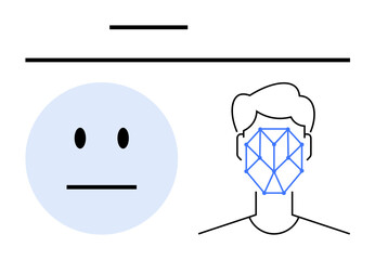 Minimalist design showing emotion recognition grid on human face alongside neutral emoticon. Ideal for technology, AI, human behavior, psychology, emotions, data analysis, flat simple metaphor