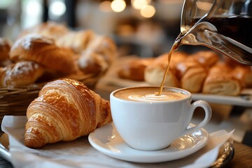 Close up of pouring coffee into a white cup with croissants and pastries displayed on a rustic table : Generative AI