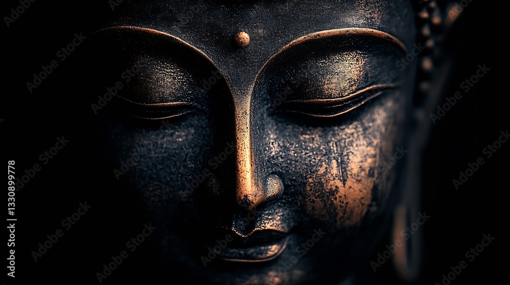 Aufkleber Captivating image of a bronze Buddha statue with a tranquil expression and detailed craftsmanship highlighting textures and tones : Generative AI