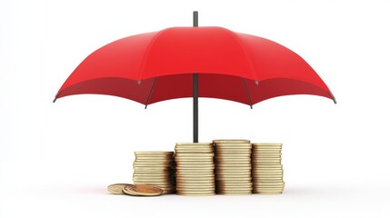Financial protection concept with red umbrella and stacked coins isolated on white background