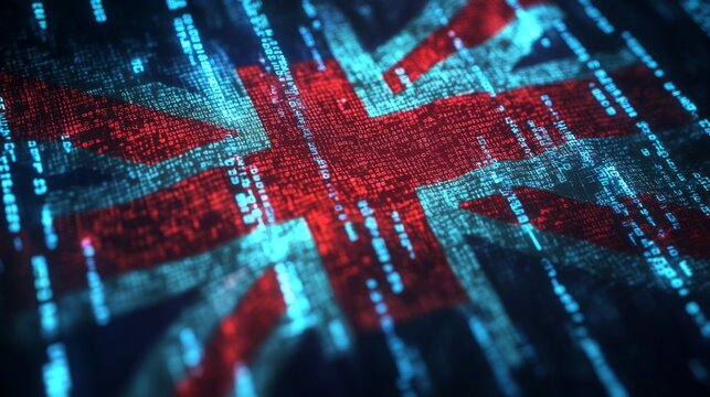 Digital innovation and technology concept with united kingdom flag and binary code background