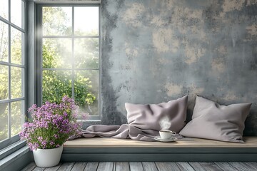 Cozy window seat, flowers, sunlight, relaxing interior