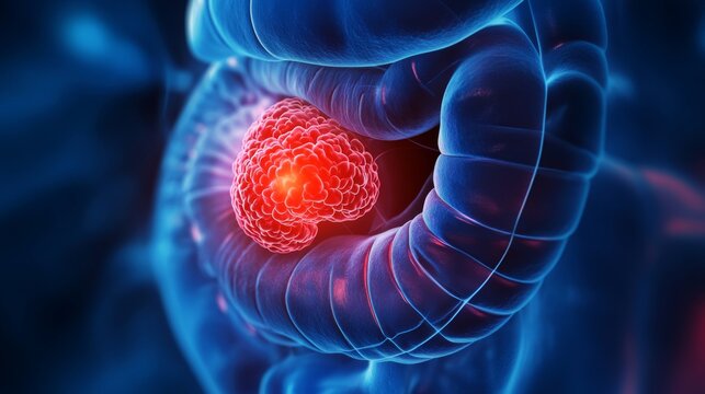 Medical concept of colon anatomy highlighting intestinal health and tumor detection