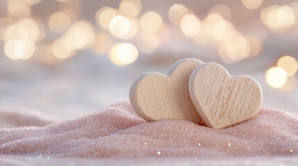 Romantic beach scene with wooden hearts on sand and bokeh light background for valentine's day