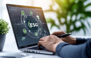 Person Working on Laptop with ESG Sustainability Concept on Screen